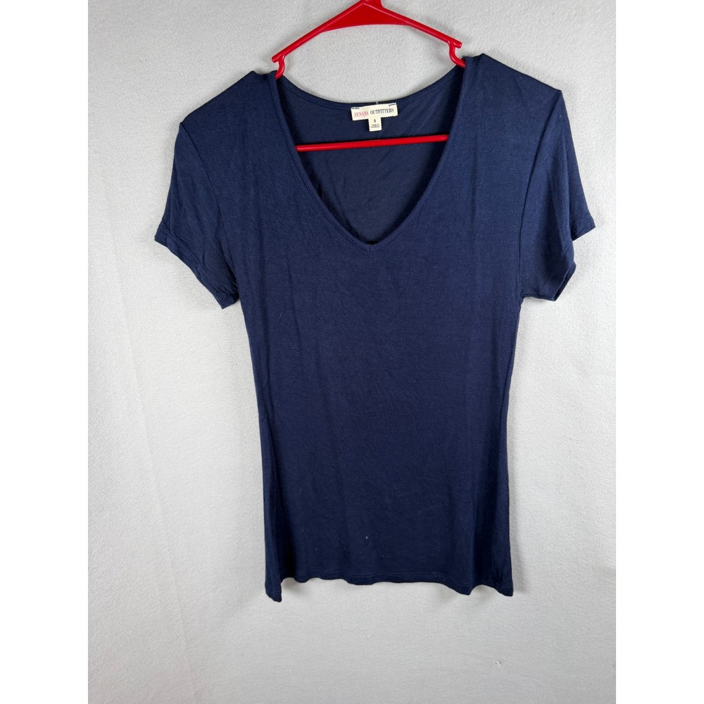 Zenana Outfitters T-Shirt Women Small Navy Blue V-Neck Rayon Spandex EUC